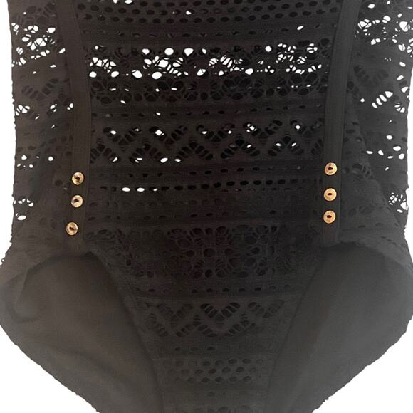 Lookbook Store Black Crochet One Piece Swimsuit Womens 4 Strapless Padded - Picture 4 of 11
